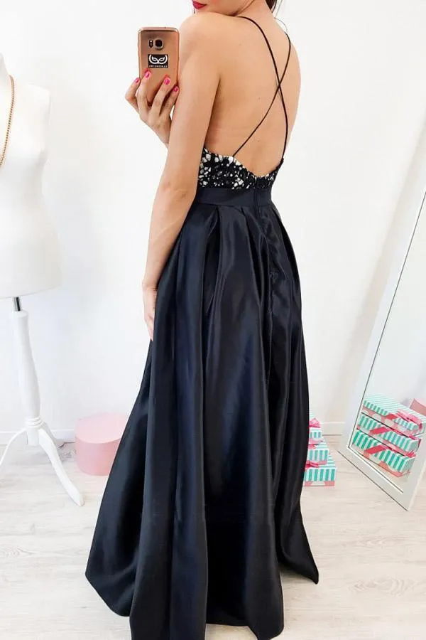 A-Line Spaghetti Straps Backless Floor-Length Black Prom Dress PSK040