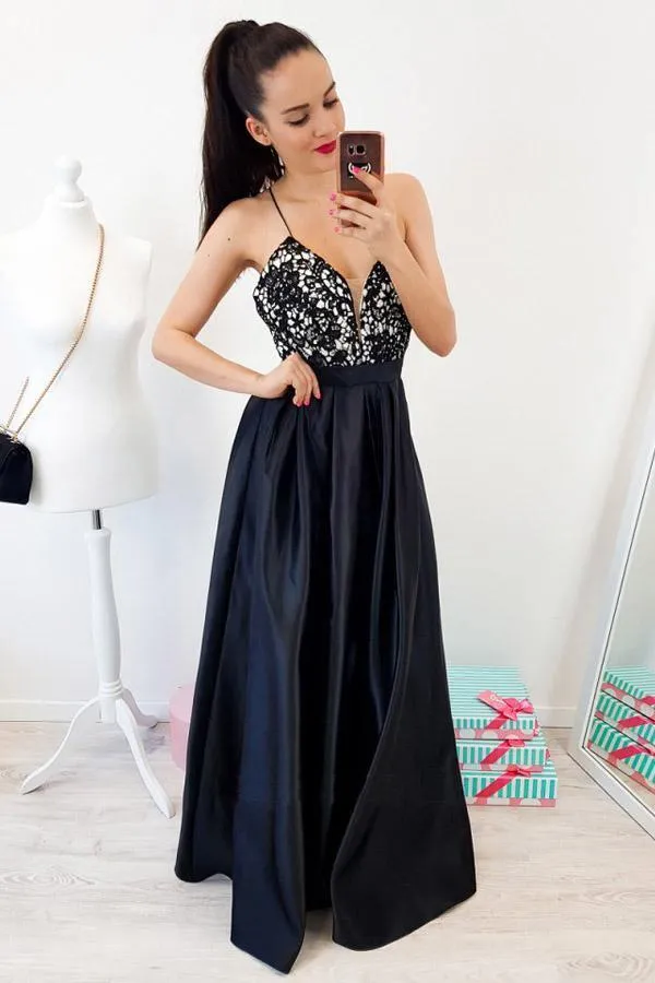 A-Line Spaghetti Straps Backless Floor-Length Black Prom Dress PSK040