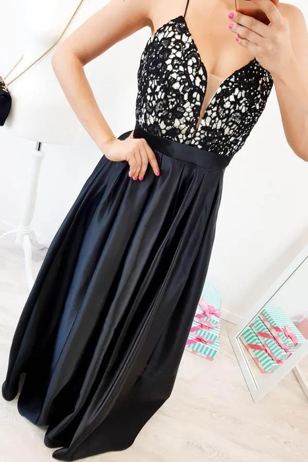 A-Line Spaghetti Straps Backless Floor-Length Black Prom Dress PSK040