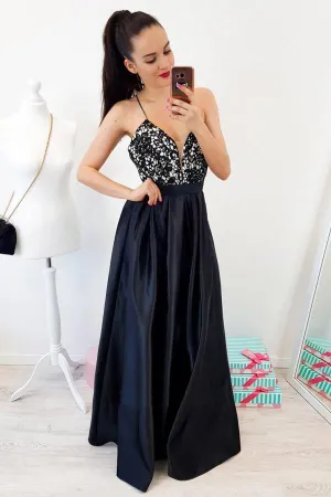 A-Line Spaghetti Straps Backless Floor-Length Black Prom Dress PSK040