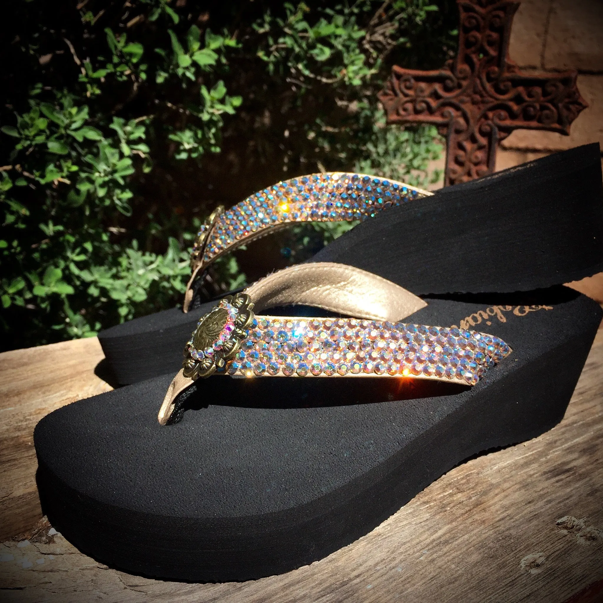 Antique Iridesent Concho Diva's Swarovski Crystal 2" Platform Flip-flop Sandals by Sparkle Steps