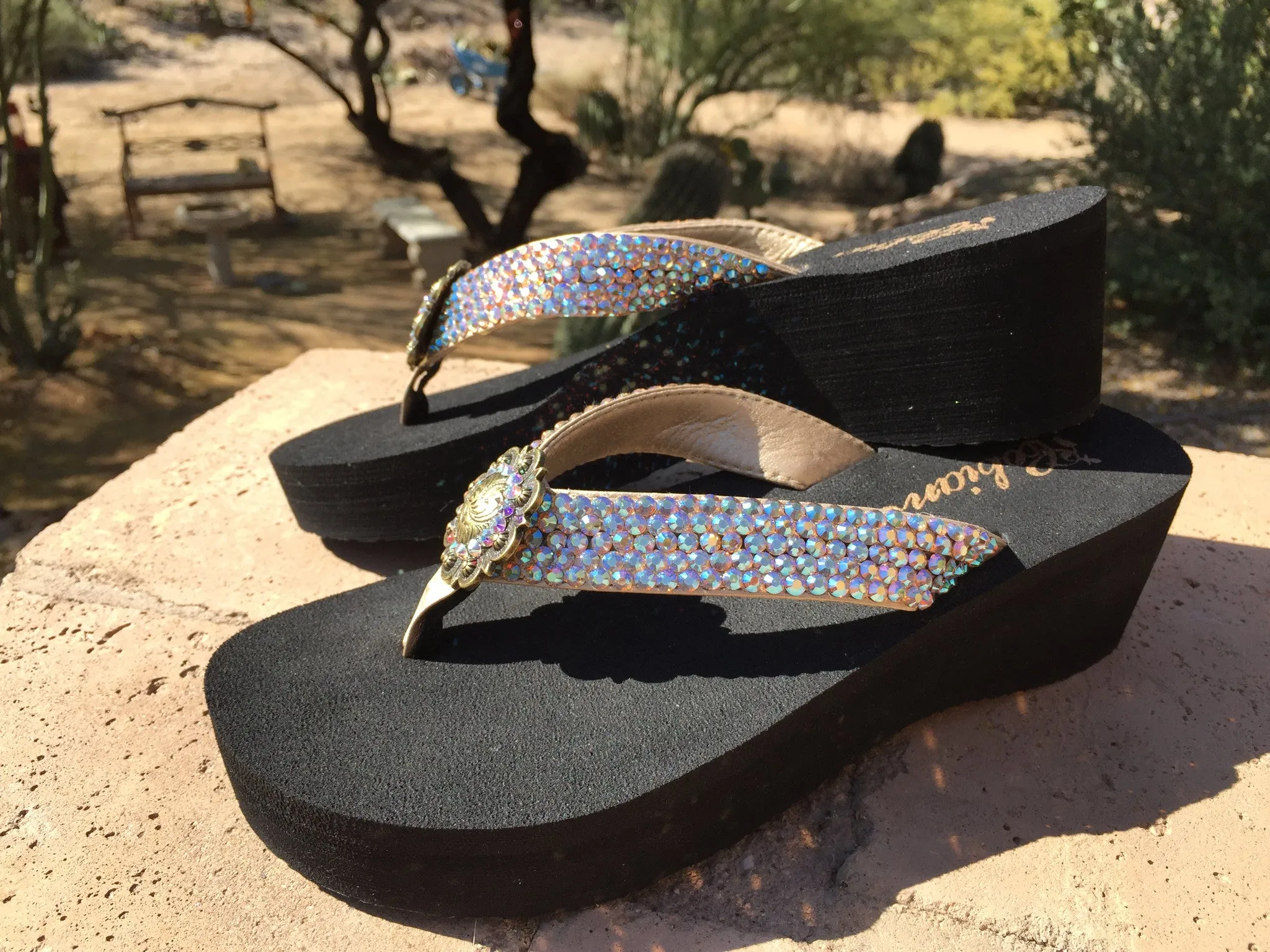 Antique Iridesent Concho Diva's Swarovski Crystal 2" Platform Flip-flop Sandals by Sparkle Steps