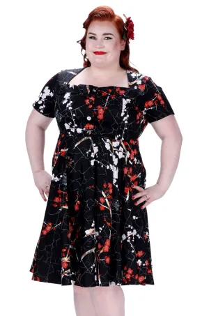 Black with Red and White Blossom Folded Collar A Line Dress with Pockets