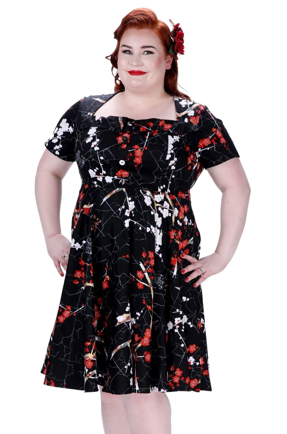 Black with Red and White Blossom Folded Collar A Line Dress with Pockets