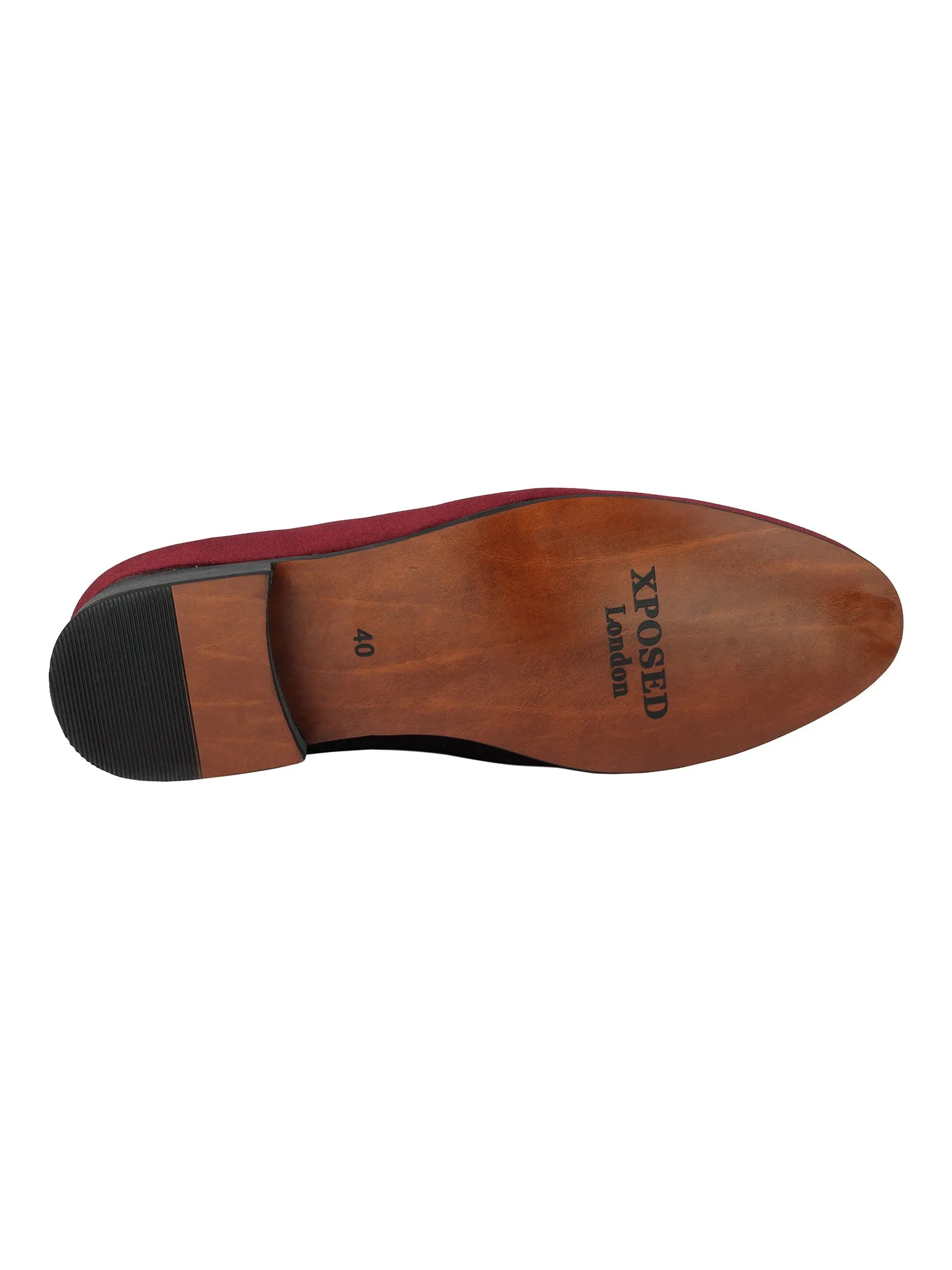 FAUX LEATHER EMBROIDERED VELVET LOAFERS IN MAROON