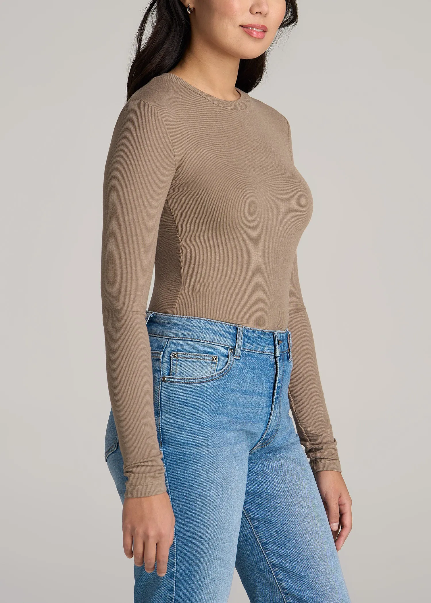 FITTED Ribbed Long Sleeve Tee in Latte - Tall Women's Shirts