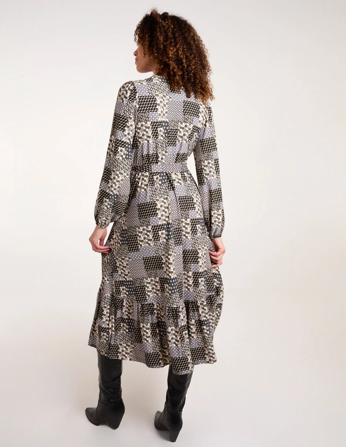Geometric Wrap Front Belted Midi Dress