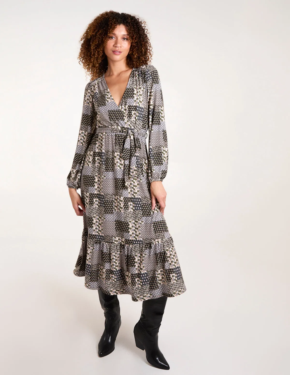 Geometric Wrap Front Belted Midi Dress