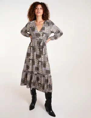Geometric Wrap Front Belted Midi Dress