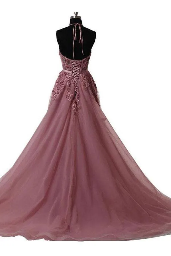 Halter Blush Train Simple Prom/Evening Dress With Lace Applique PG550