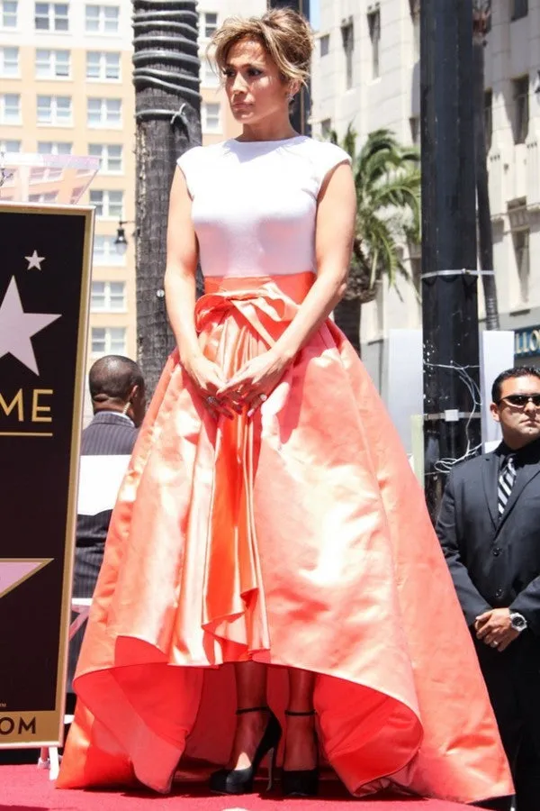 Orange White Jennifer Lopez (J.Lo) Sleeveless Bowknot Dress Satin Prom Celebrity Dress Hollywood Walk of Fame
