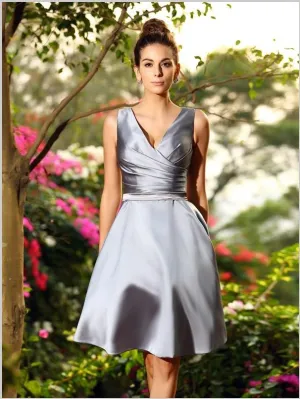 Princess V-neck Short Satin Bridesmaid Dresses,Ruched Sleeveless Bridesmaid Dresses