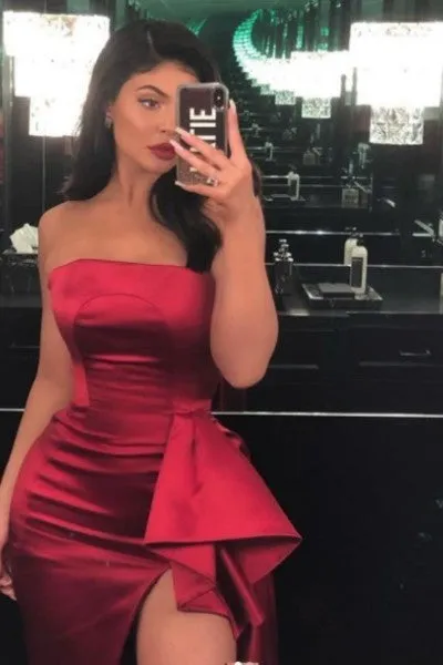 Red kylie Jenner Satin Asymmetrical Dress Slit Prom Celebrity Evening Formal Dress Pre-Grammys Gala