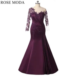 Rosemoda Long Sleeve Purple Satin Mother Dress