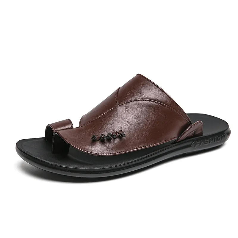 Stylish Male PU Leather Slippers / Luxury Flip Flops for Men / Fashion Open Shoes
