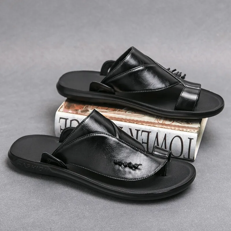 Stylish Male PU Leather Slippers / Luxury Flip Flops for Men / Fashion Open Shoes