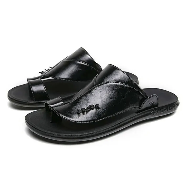 Stylish Male PU Leather Slippers / Luxury Flip Flops for Men / Fashion Open Shoes