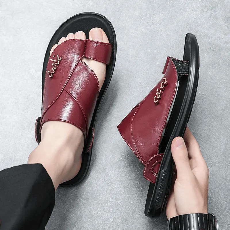 Stylish Male PU Leather Slippers / Luxury Flip Flops for Men / Fashion Open Shoes