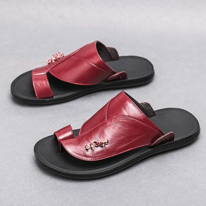 Stylish Male PU Leather Slippers / Luxury Flip Flops for Men / Fashion Open Shoes
