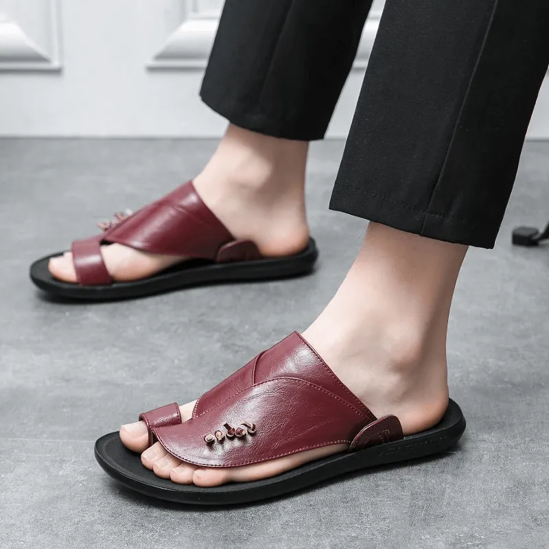Stylish Male PU Leather Slippers / Luxury Flip Flops for Men / Fashion Open Shoes