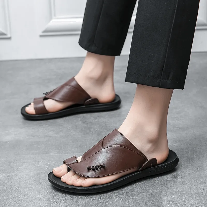 Stylish Male PU Leather Slippers / Luxury Flip Flops for Men / Fashion Open Shoes