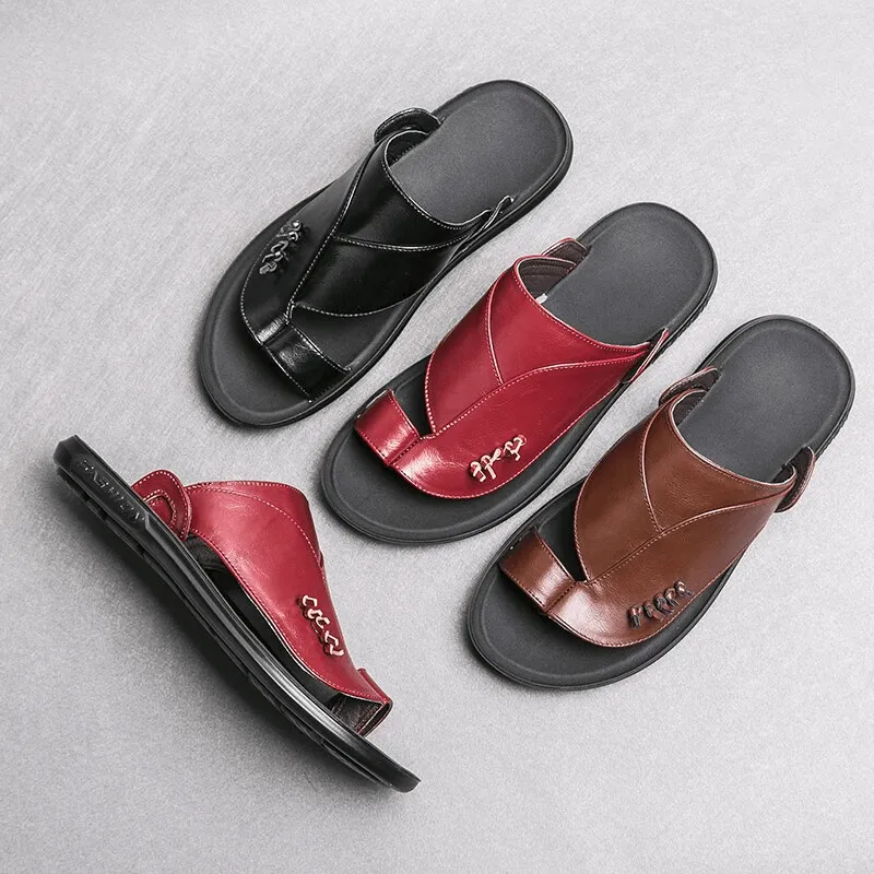 Stylish Male PU Leather Slippers / Luxury Flip Flops for Men / Fashion Open Shoes