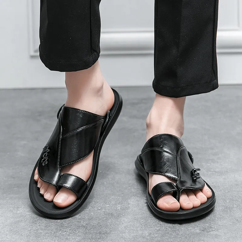 Stylish Male PU Leather Slippers / Luxury Flip Flops for Men / Fashion Open Shoes