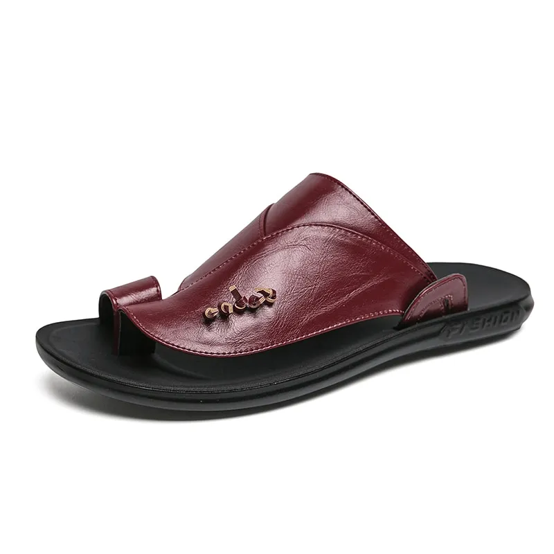Stylish Male PU Leather Slippers / Luxury Flip Flops for Men / Fashion Open Shoes