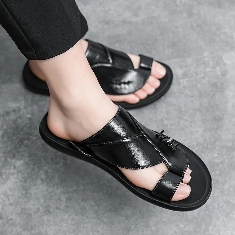 Stylish Male PU Leather Slippers / Luxury Flip Flops for Men / Fashion Open Shoes
