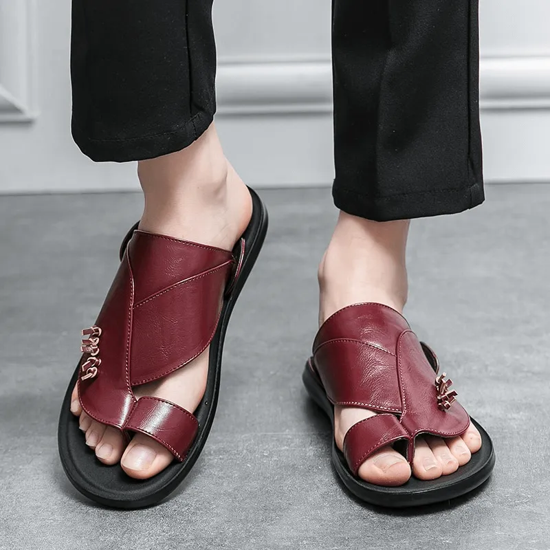 Stylish Male PU Leather Slippers / Luxury Flip Flops for Men / Fashion Open Shoes