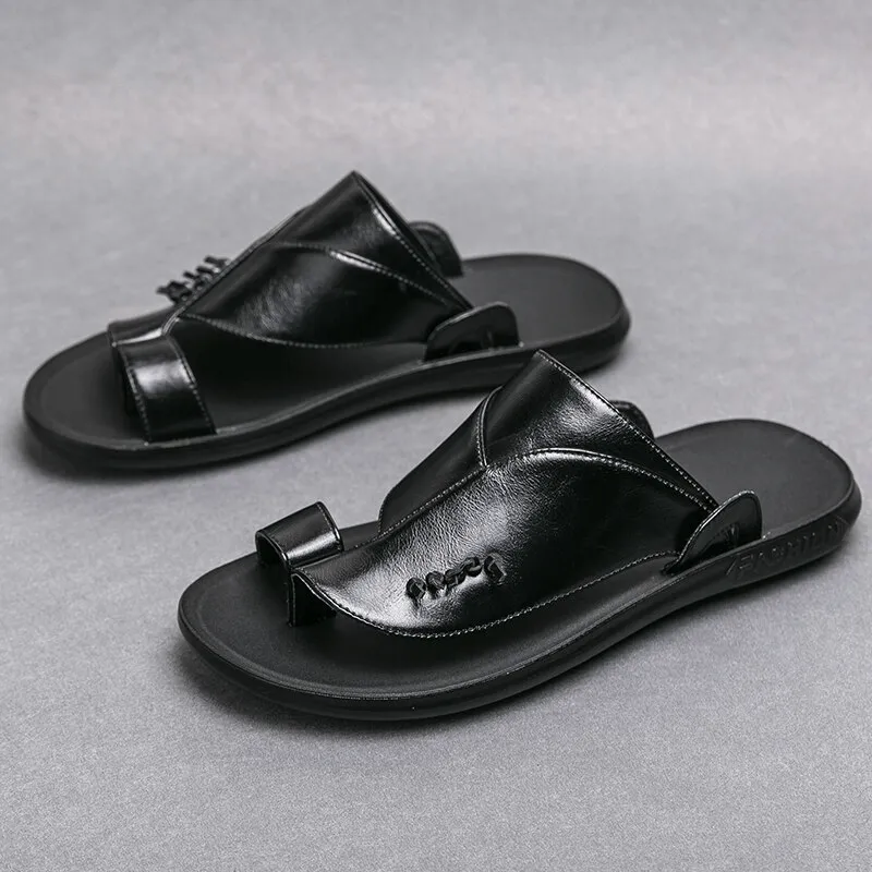 Stylish Male PU Leather Slippers / Luxury Flip Flops for Men / Fashion Open Shoes