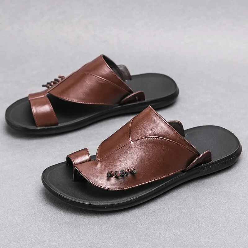 Stylish Male PU Leather Slippers / Luxury Flip Flops for Men / Fashion Open Shoes