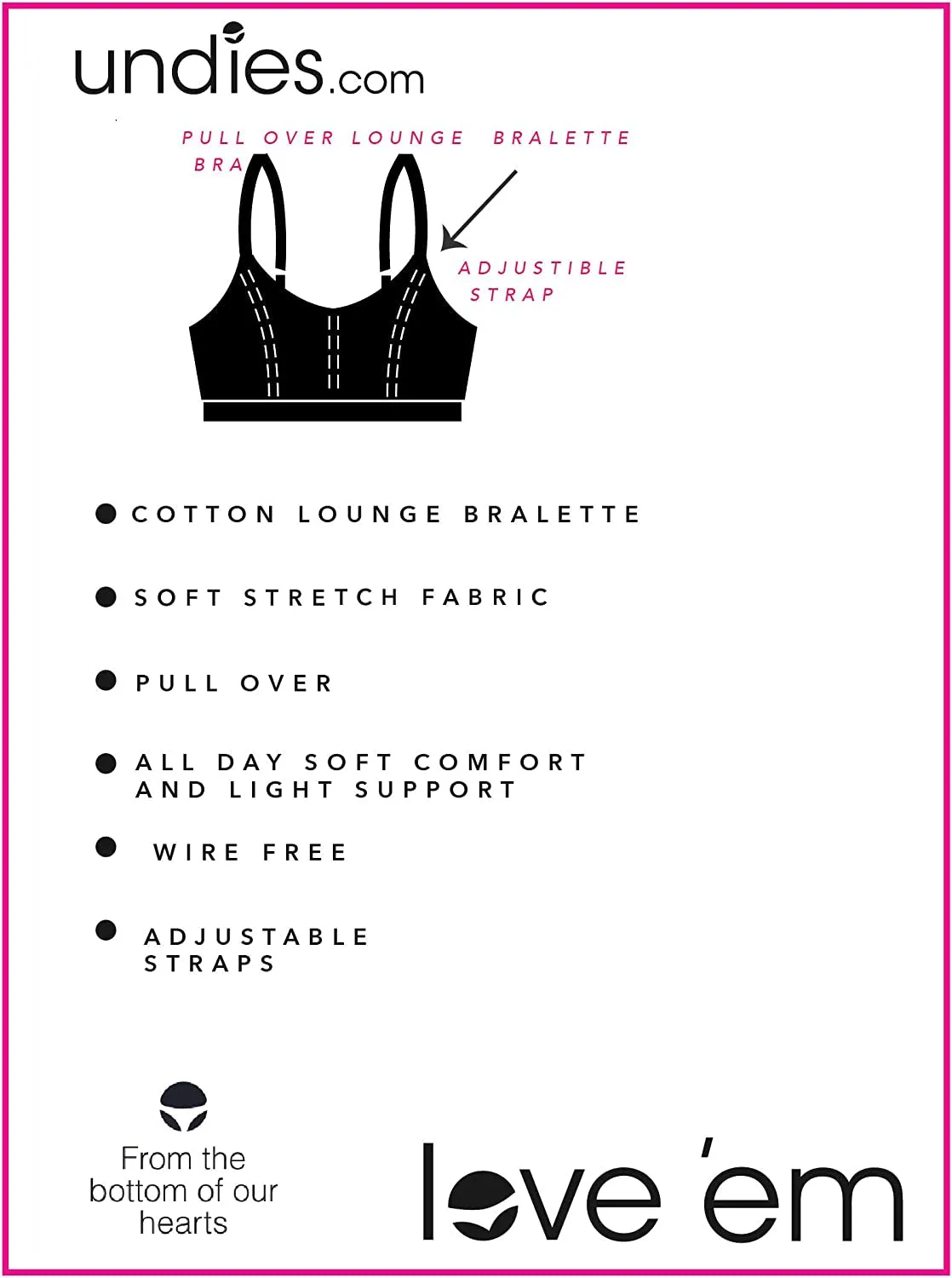 Women's Pull over Cotton Lounge All Day Comfort Wire Free Adjustable Straps Bralette Bra
