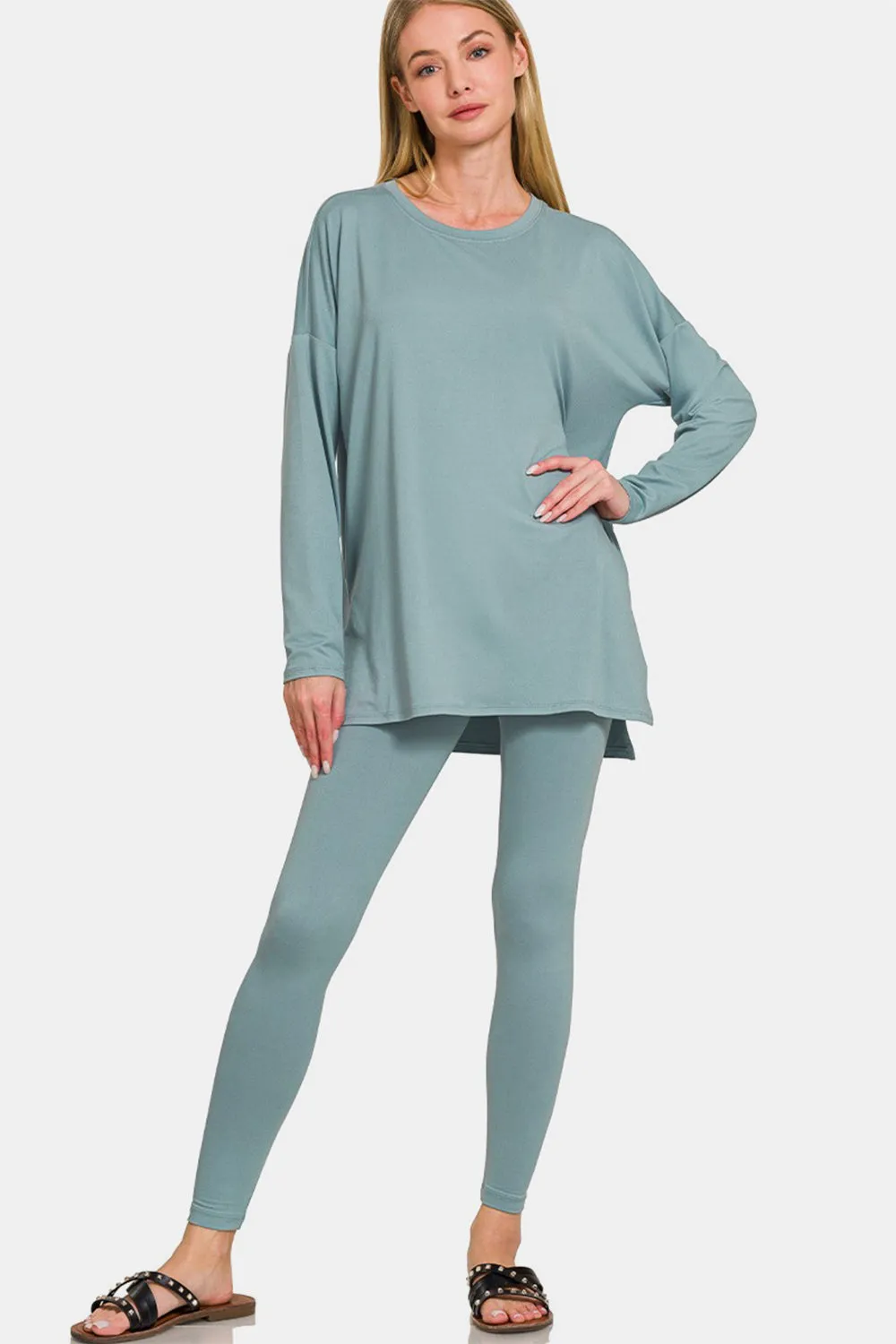 Zenana Brushed Microfiber Long Sleeve Top and Leggings Lounge Set in Blue Grey