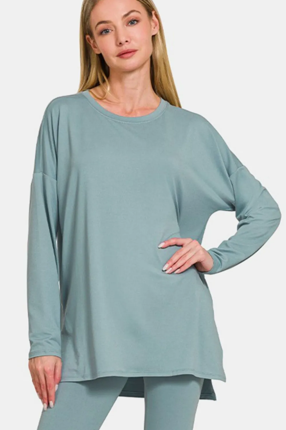 Zenana Brushed Microfiber Long Sleeve Top and Leggings Lounge Set in Blue Grey