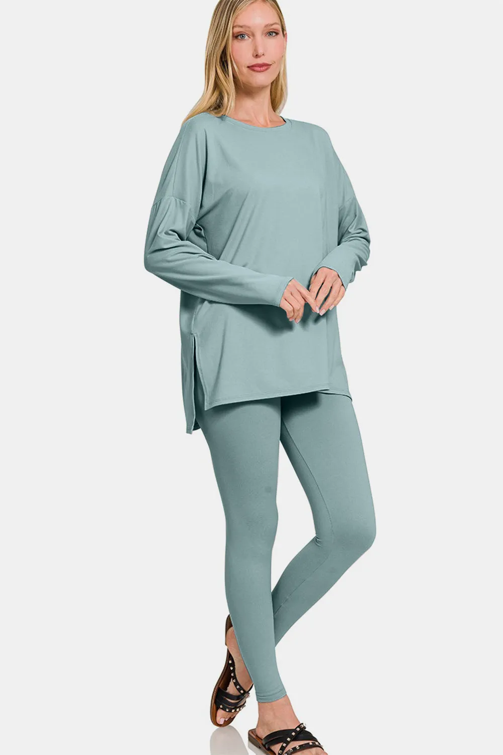 Zenana Brushed Microfiber Long Sleeve Top and Leggings Lounge Set in Blue Grey