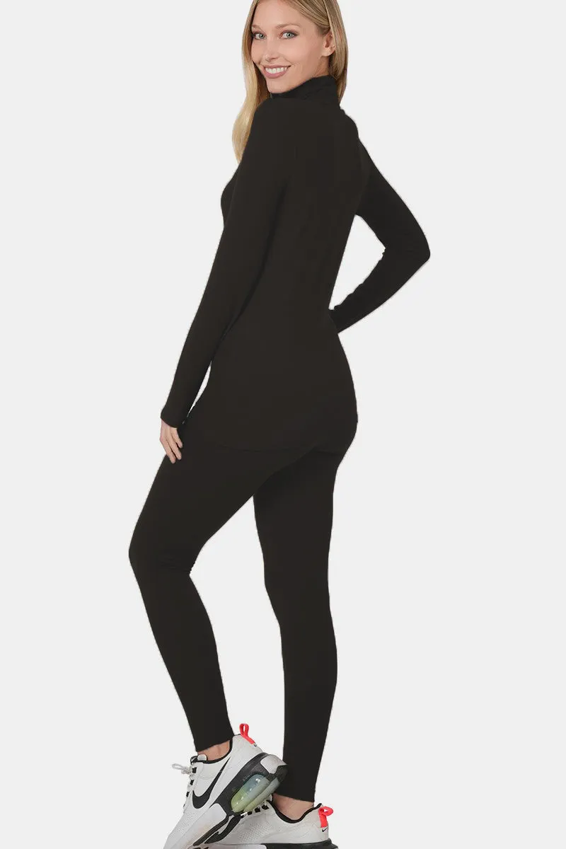Zenana Full Size Turtleneck Top and Leggings Lounge Set - Black